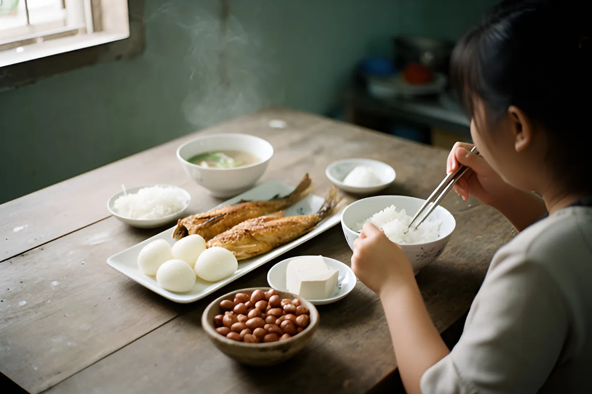 Một người phụ nữ ngồi ăn bằng đũa bên bàn gỗ với cơm, cá chiên, trứng, đậu và đậu phộng, khói bốc lên từ bát canh