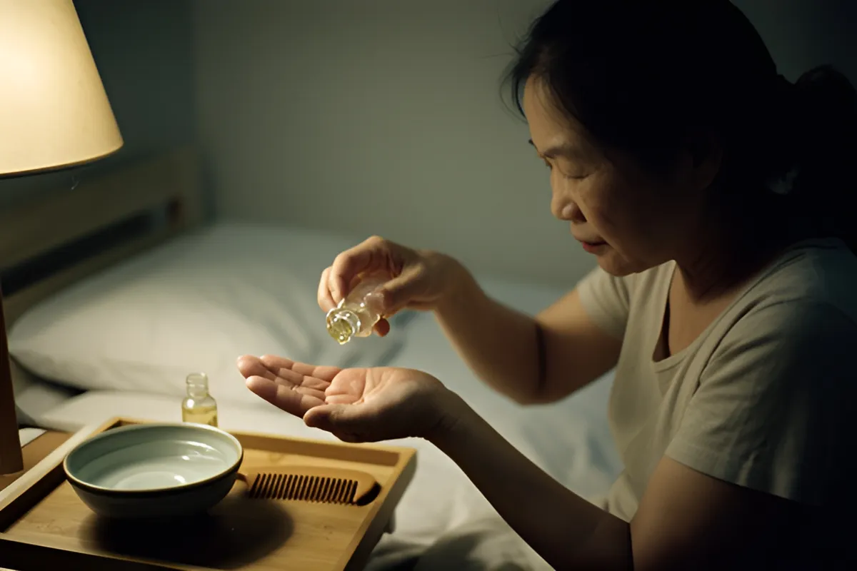 Một phụ nữ ngồi bên giường trong phòng ngủ ánh đèn ấm, nghiêng chai nhỏ nhỏ dầu vào lòng bàn tay, khay gỗ cạnh đó có bát nước
