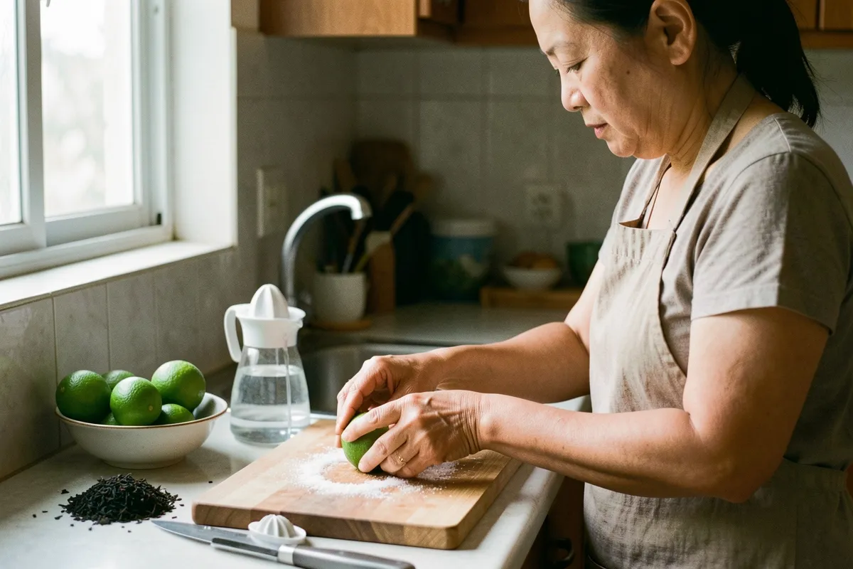 Một người phụ nữ đứng bên thớt gỗ trong bếp, dùng hai tay lăn quả chanh xanh trên lớp muối, cạnh đó có bát chanh