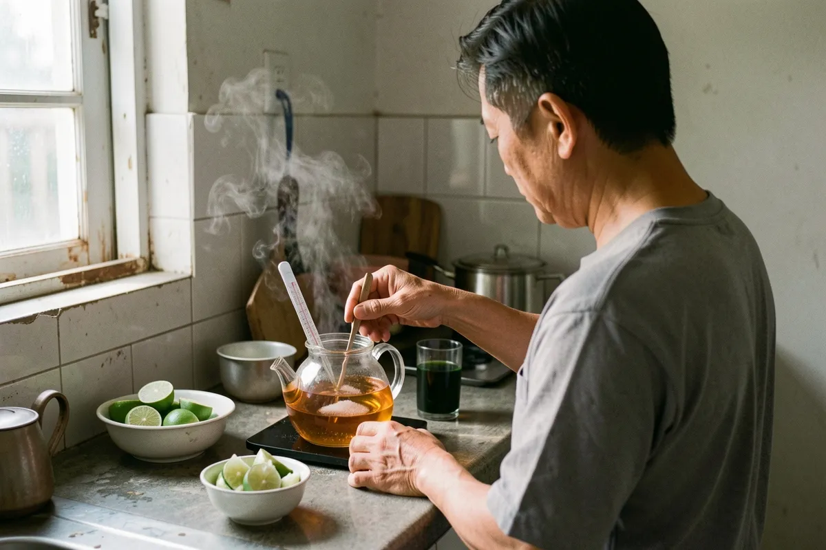 Một người đàn ông quay lưng trong bếp, khuấy ấm trà thủy tinh, bên cạnh có bát chanh và ly nước sẫm, ánh sáng từ cửa sổ