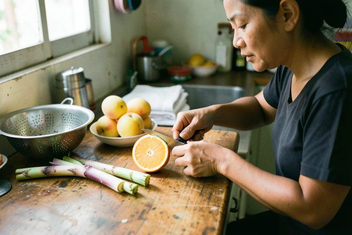 Một phụ nữ đứng bên quầy gỗ trong bếp, cầm dao thái một nửa quả cam, cạnh đó có rổ trái cây vàng, chao inox và vài cây sả