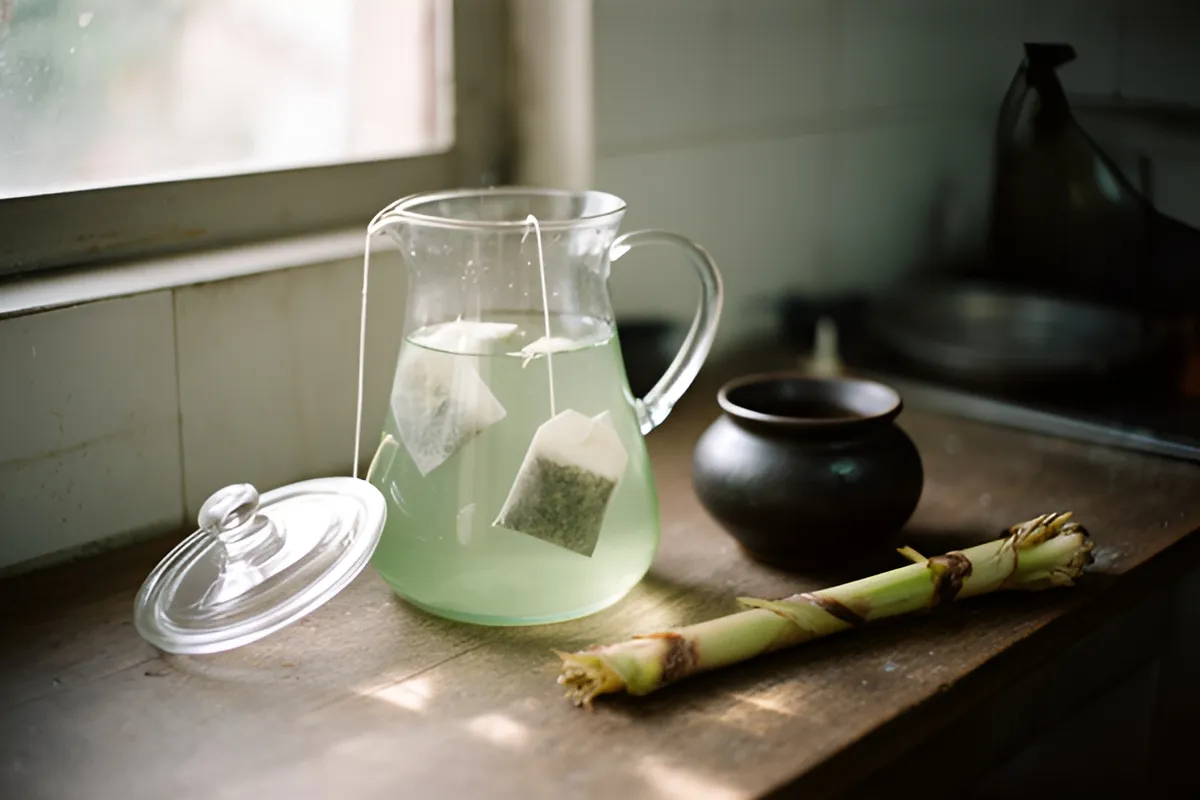 Góc bếp chiều với bình thủy tinh đựng nước xanh nhạt có hai túi trà, nắp đặt cạnh, một ấm nhỏ và một cây sả trên mặt gỗ