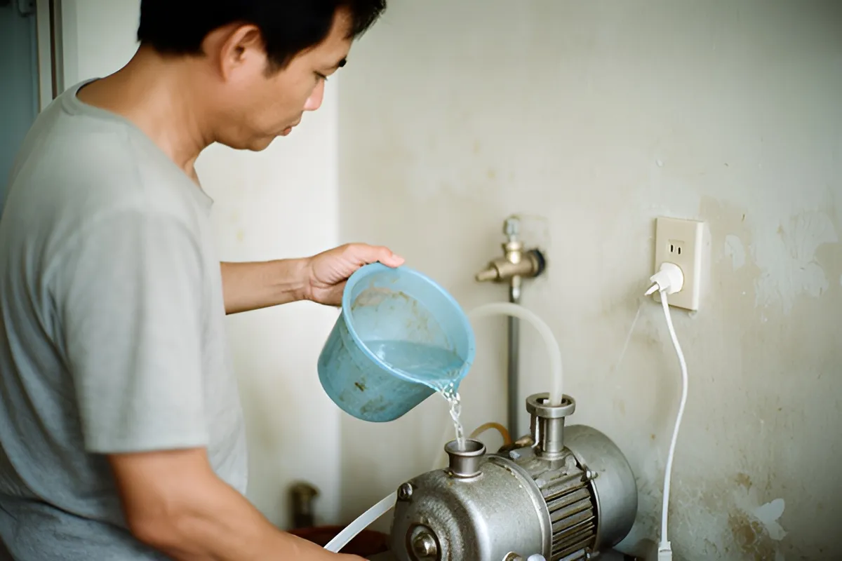 Một người đàn ông mặc áo thun đứng nghiêng, rót nước từ thùng nhựa xanh vào miệng nạp của máy bơm kim loại trong góc nhà