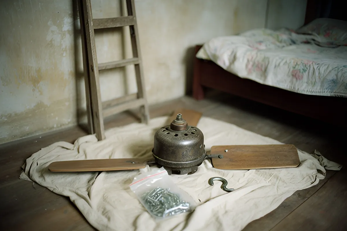 Trên sàn phòng, một tấm vải trải ra với thân động cơ quạt kim loại, ba cánh gỗ, túi ốc vít và một cái móc