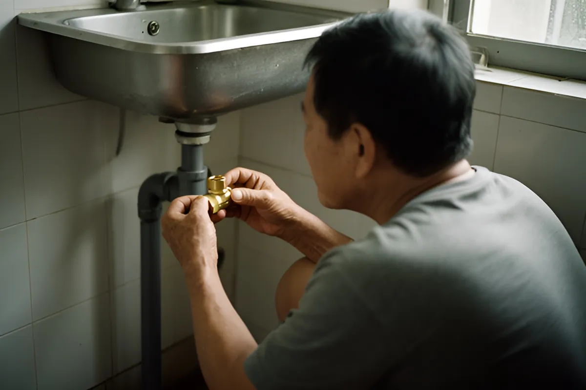 Một người đàn ông ngồi chồm hổm dưới bồn rửa chén inox, hai tay cầm một van đồng nhỏ so với ống thoát nước