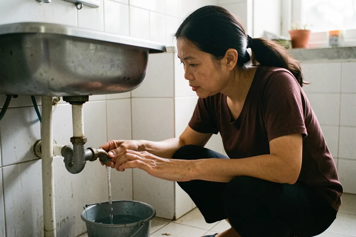 Một người phụ nữ ngồi xổm bên bồn rửa trong nhà bếp, hai tay đặt gần đường ống dẫn nước chảy vào xô kim loại dưới sàn