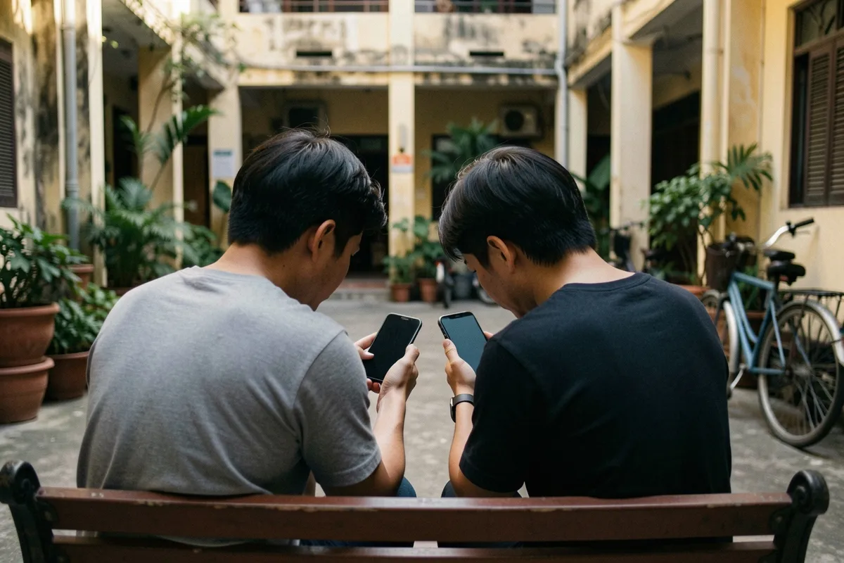 Hai người đàn ông ngồi trên ghế gỗ nhìn từ sau, mỗi người cầm điện thoại màn hình tối, sân có chậu cây và xe đạp