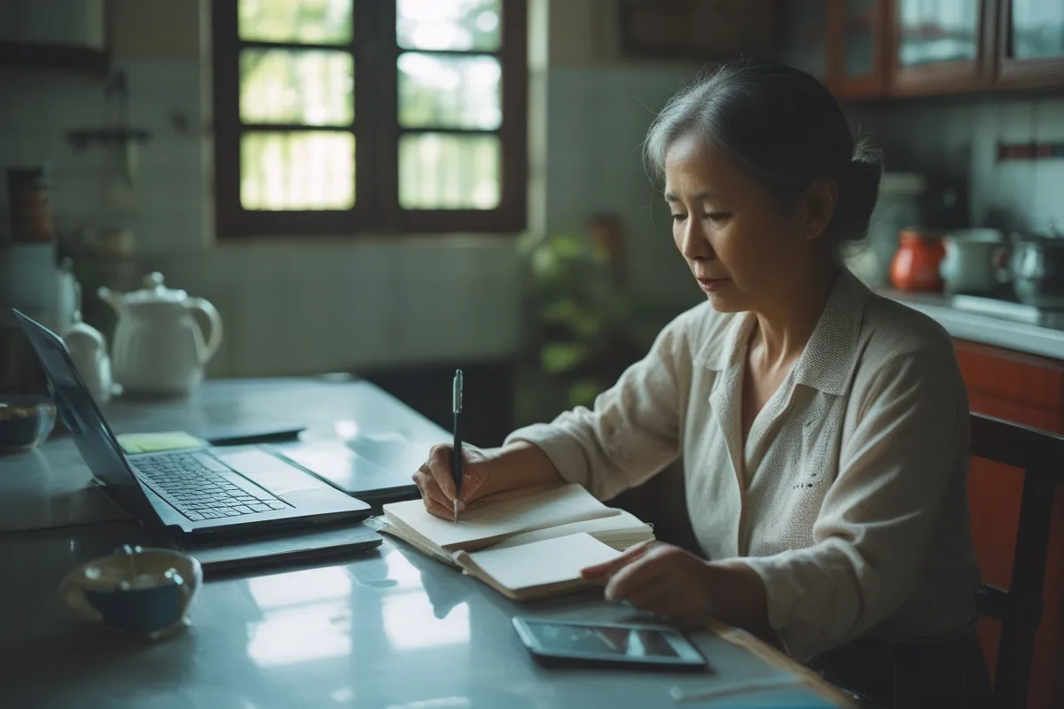 Một phụ nữ trung niên tóc bạc ngồi bên bàn bếp, tay cầm bút viết vào cuốn sổ mở, trước mặt có laptop, điện thoại và ấm trà
