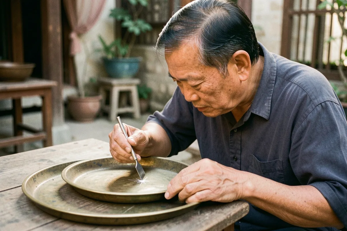 Một người đàn ông trung niên ngồi bên bàn gỗ trong sân, cúi xuống dùng dụng cụ kim loại nhỏ cạo bề mặt chiếc khay đồng