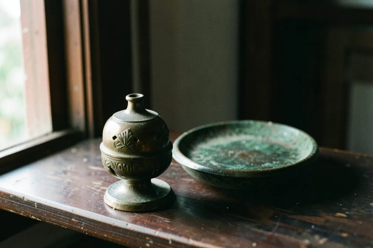 Hai vật bằng đồng cũ đặt trên kệ gỗ sẫm màu cạnh cửa sổ, ánh sáng dịu chiếu từ bên trái