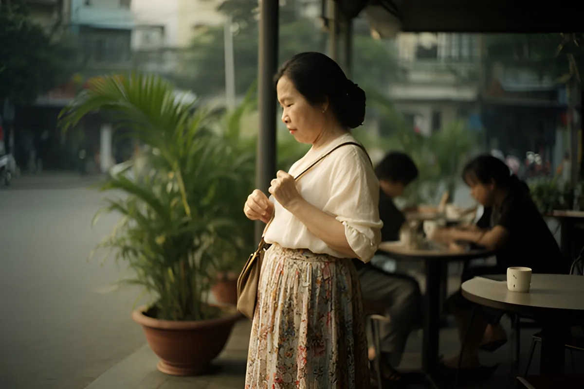 Một phụ nữ trung niên đứng nghiêng trên vỉa hè trước quán, tay chỉnh dây túi chéo