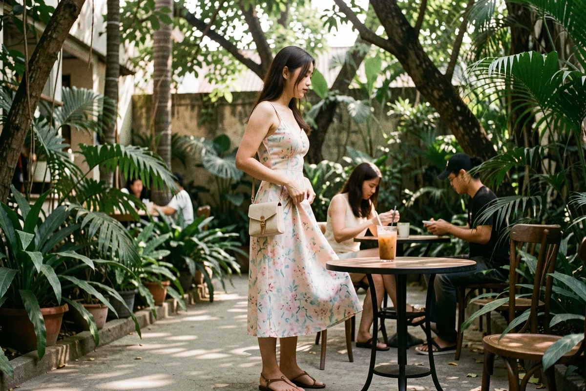 Một phụ nữ trẻ đứng nghiêng giữa sân quán cà phê xanh cây, tay chạm gấu váy hoa pastel, bên cạnh bàn tròn có ly nước đá