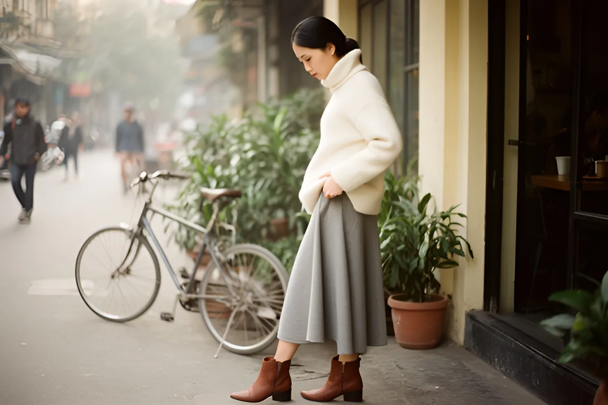 Một phụ nữ tóc đen cúi nhìn xuống, tay chạm mép váy xám, đứng cạnh xe đạp và chậu cây trước quán ven phố chiều muộn