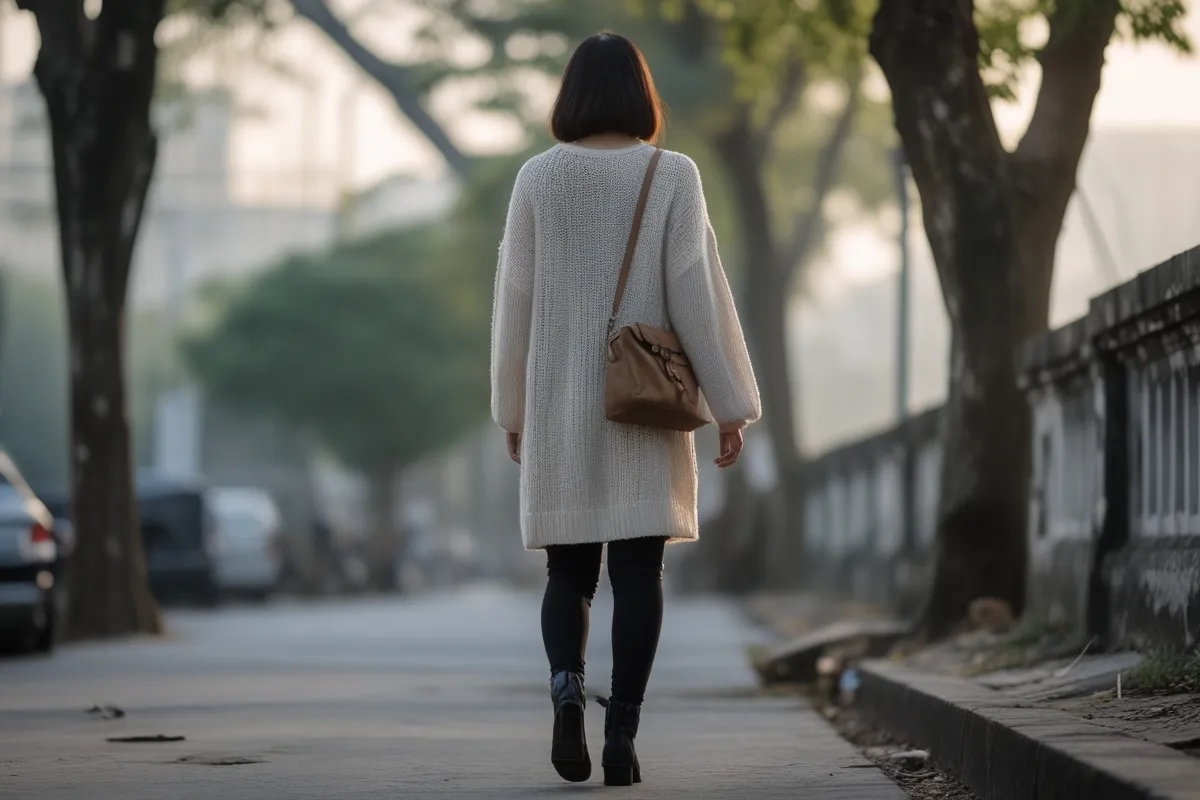 Một người phụ nữ tóc ngắn mặc áo len dài màu trắng đi bộ trên vỉa hè vắng, đeo túi da nâu chéo vai