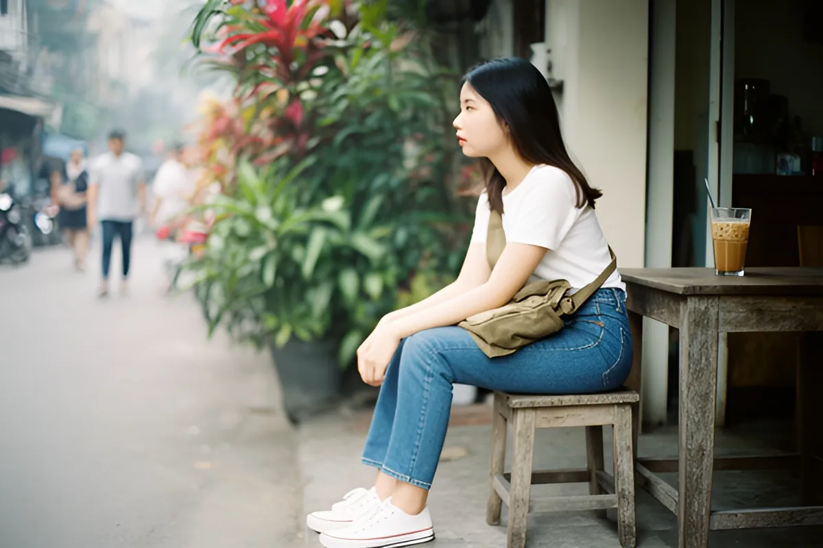 Một cô gái trẻ ngồi nghiêng trên chiếc ghế đẩu gỗ trước quán ven đường, tay đan trên gối