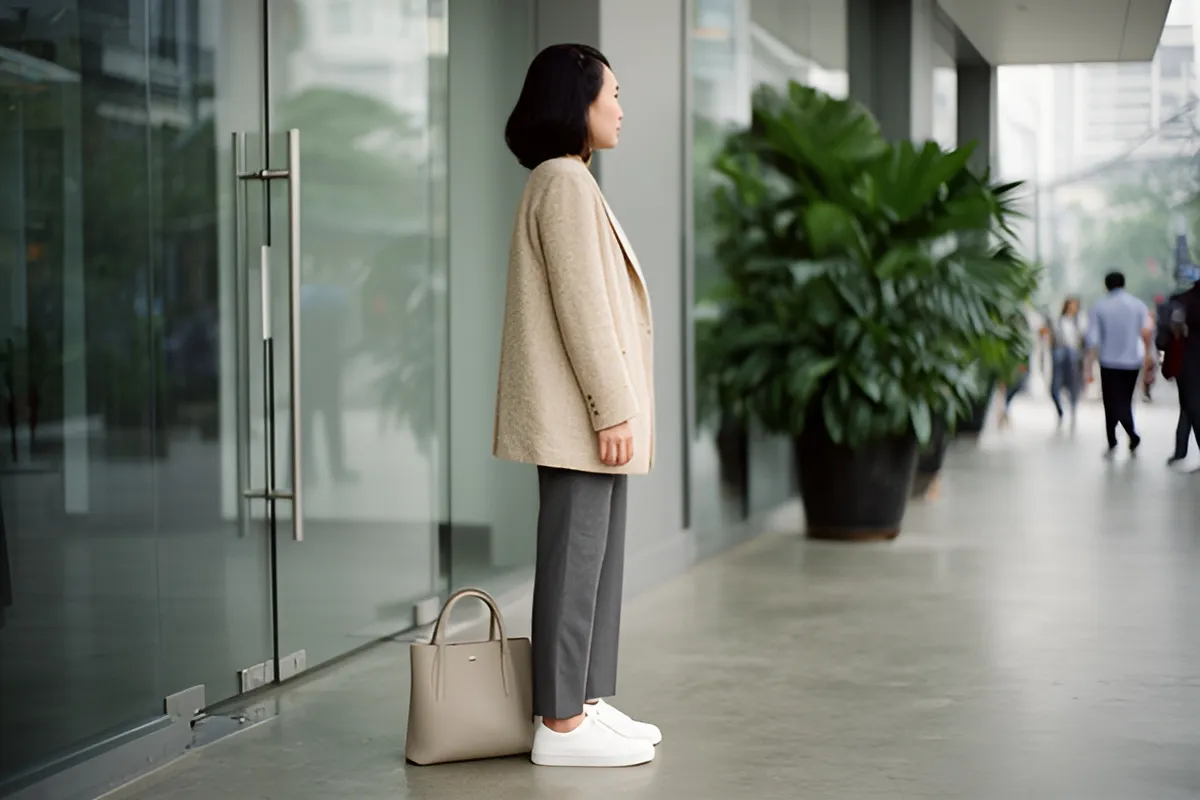 Một phụ nữ tóc đen đứng nghiêng bên cửa kính tòa nhà, tay buông thả, túi xách đặt trên sàn cạnh chân