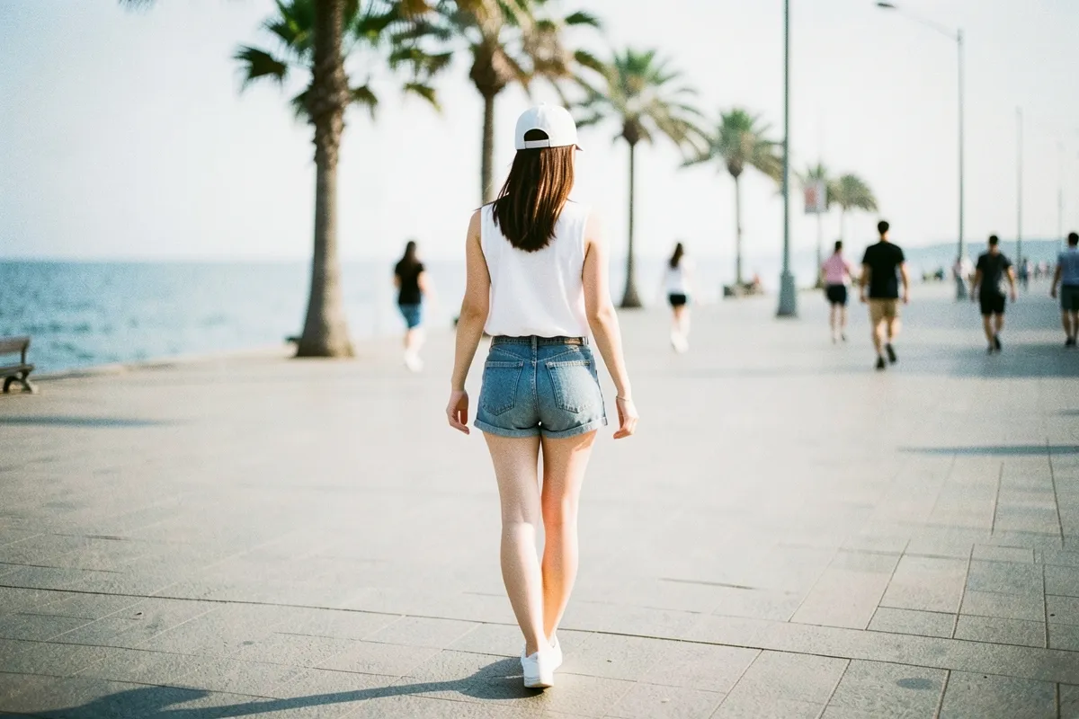 Một người phụ nữ đội mũ trắng, áo trắng không tay và quần sooc denim đi bộ trên lối đi ven biển