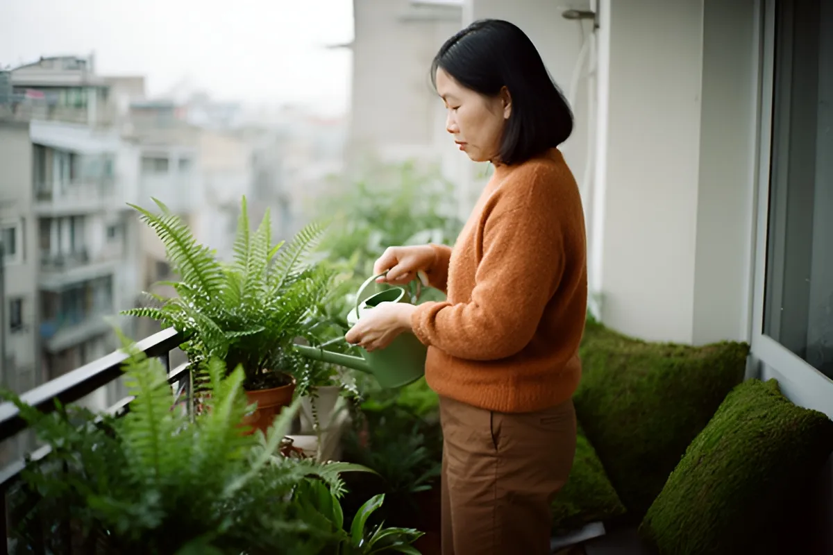 Một phụ nữ tóc đen đứng nghiêng trên ban công, tay cầm bình tưới xanh tưới cây dương xỉ trong chậu