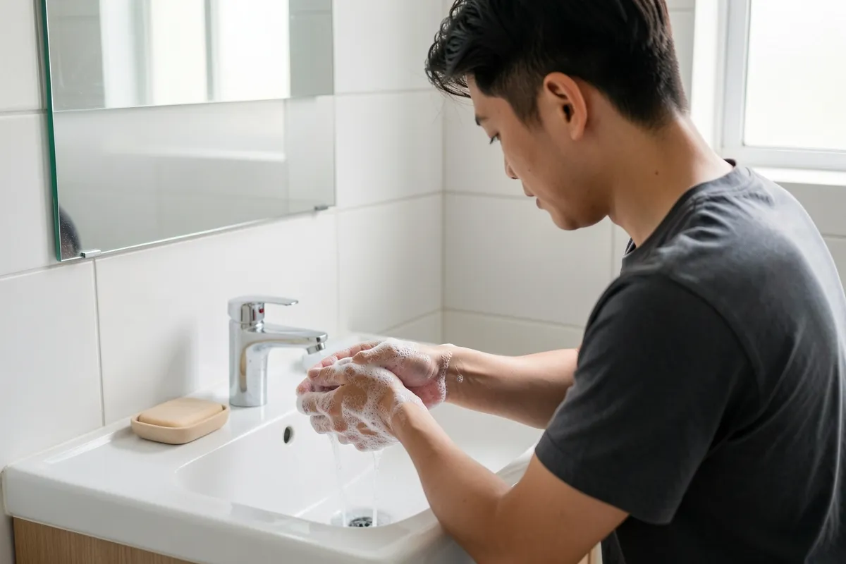 Một người đàn ông trẻ mặc áo thun xám đứng rửa tay bằng bọt xà phòng tại bồn rửa phòng tắm, ánh sáng tự nhiên