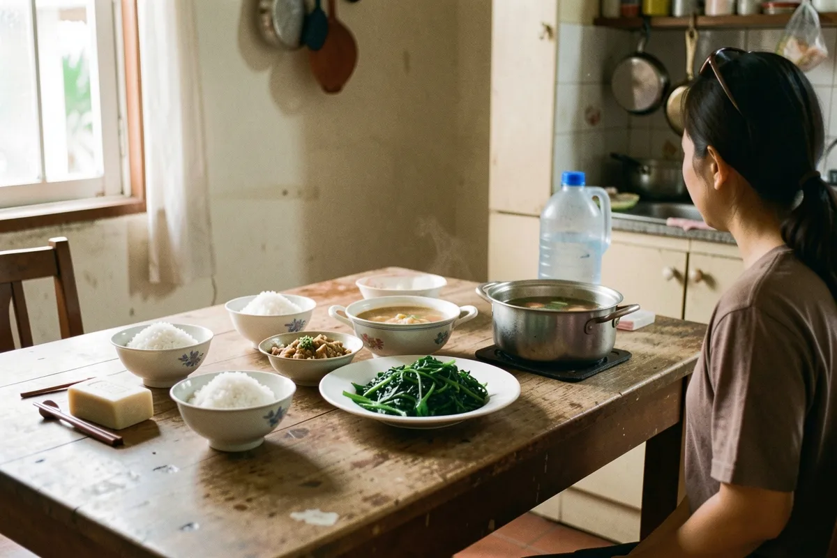 Một người phụ nữ ngồi quay lưng bên bàn gỗ bày nhiều bát cơm, đĩa rau xanh, nồi kim loại và chai nước