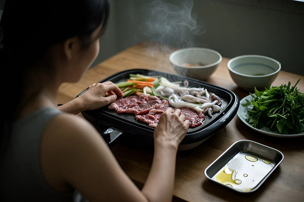 Một phụ nữ trẻ nhìn từ phía sau đang đứng trong bếp, hai tay xếp thịt bò, rau và mực lên vỉ nướng điện bốc khói
