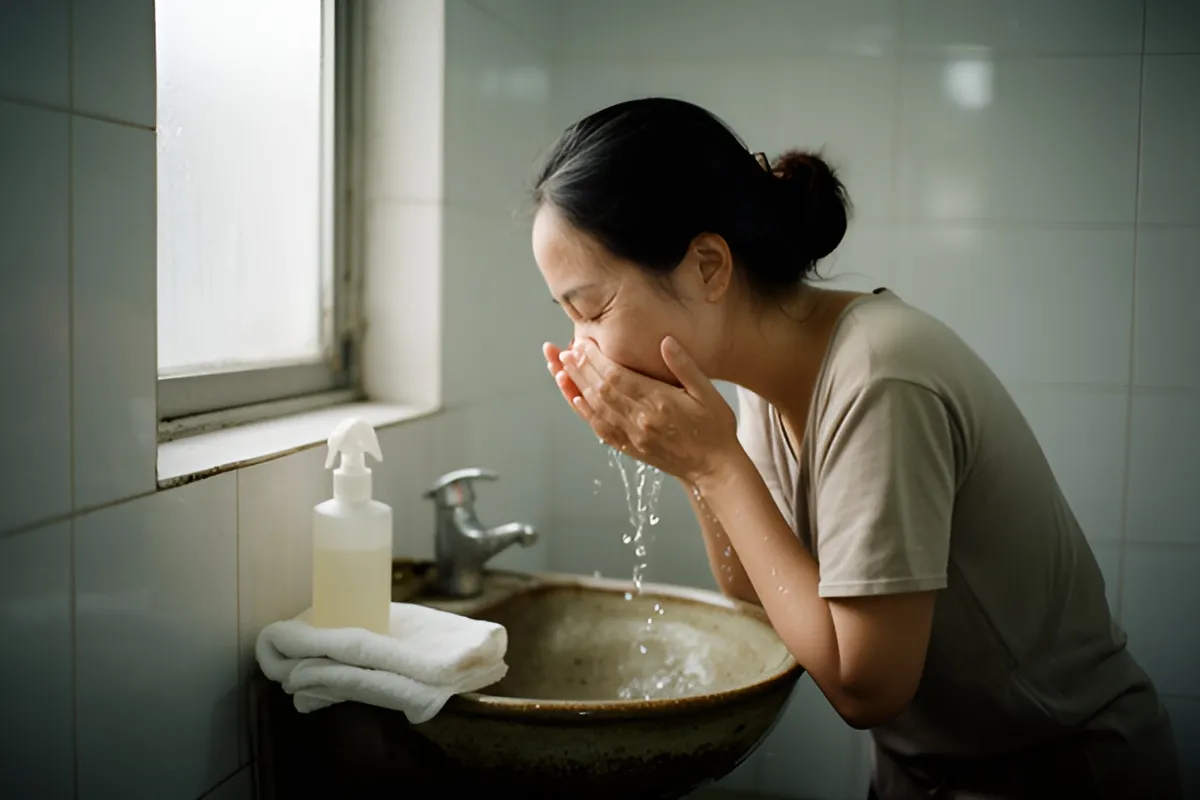 Một phụ nữ trẻ cúi xuống rửa mặt bằng hai tay bên chiếc bồn gốm nhỏ, cạnh đó có chai xịt không nhãn và khăn trắng gấp