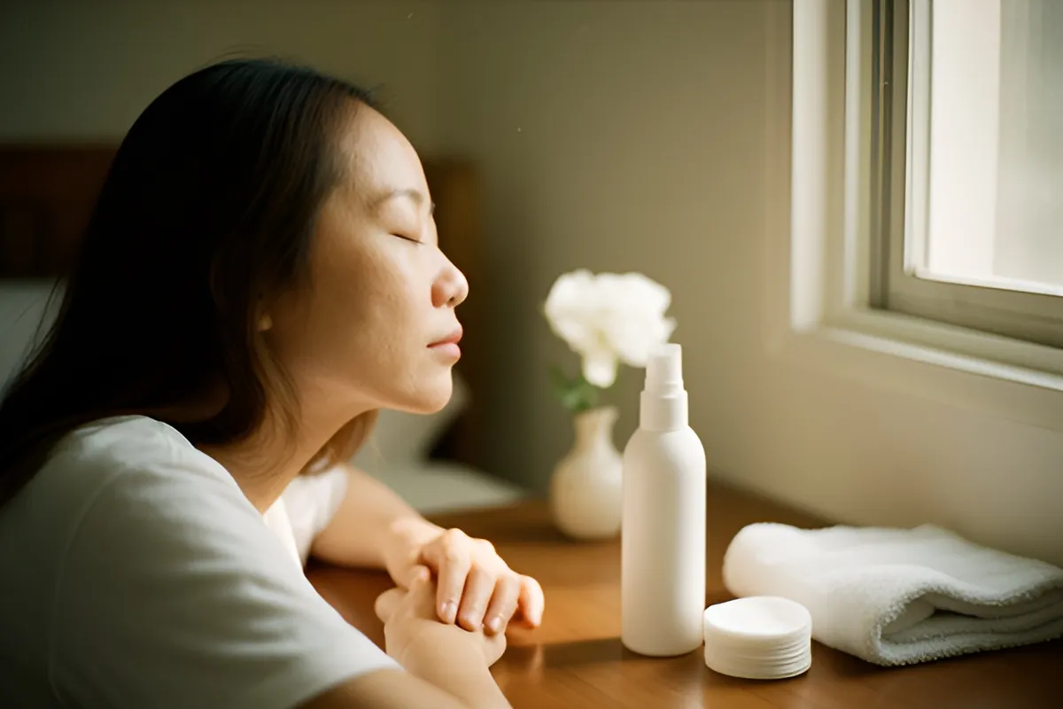 Một phụ nữ trẻ ngồi nghiêng bên bàn trang điểm, mắt nhắm, tay đan lên bàn, cạnh chai xịt trắng