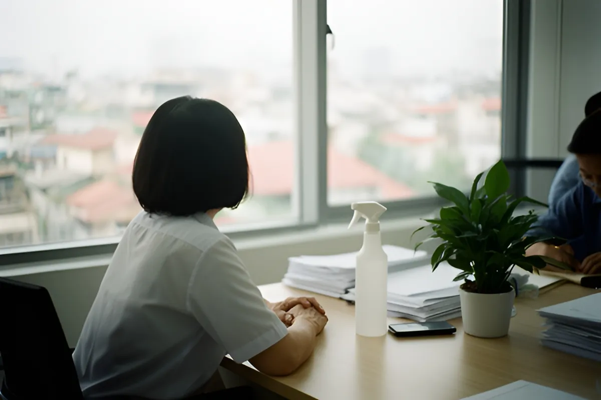 Một phụ nữ ngồi quay lưng bên bàn làm việc gần cửa sổ, tay đan trên bàn, bên cạnh có bình xịt, điện thoại tắt