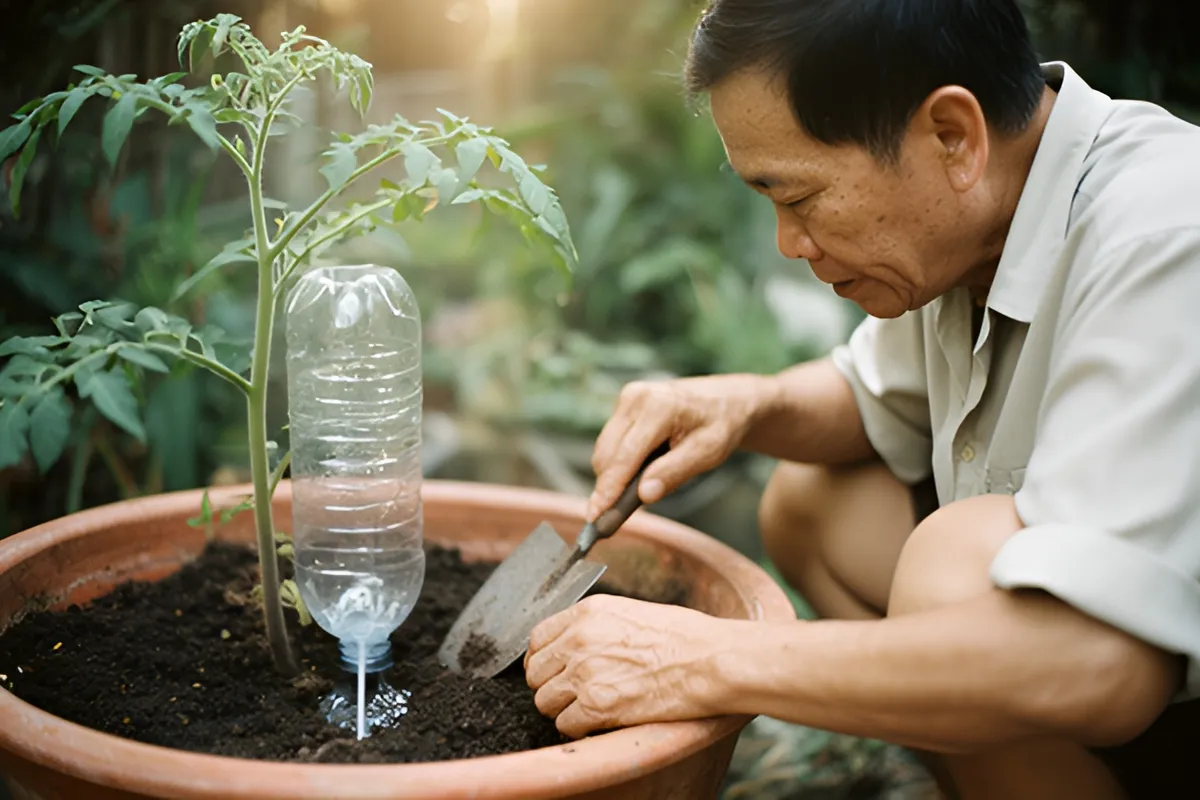 Một người đàn ông lớn tuổi mặc áo sơ mi xắn tay ngồi xổm bên chậu đất