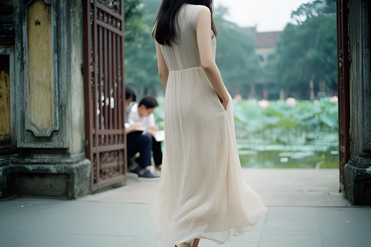 Một phụ nữ mặc váy dài màu kem đứng quay lưng gần cổng, tay đút túi, phía sau có hai người ngồi viết và một hồ sen