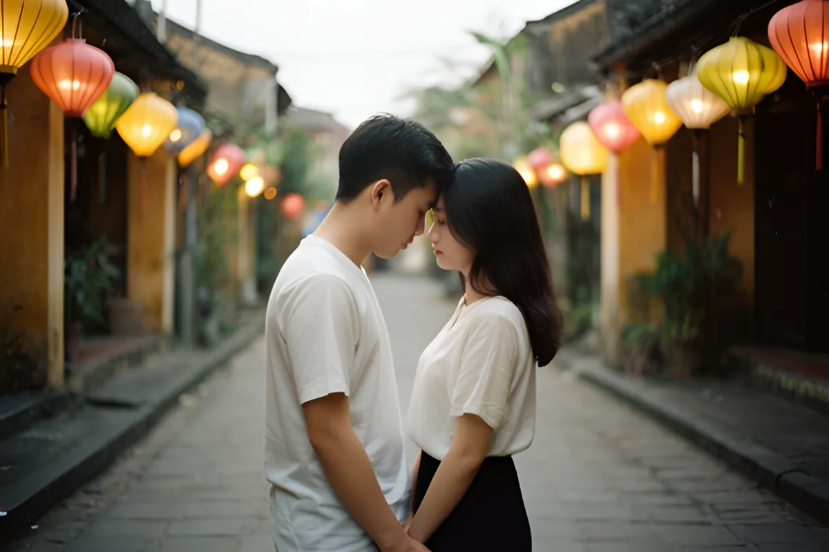 Một cặp đôi trẻ đứng đối mặt, trán chạm nhau giữa con phố cổ hai bên treo nhiều đèn lồng màu sắc rực rỡ