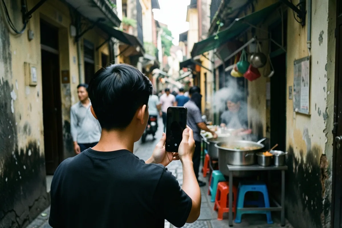 Một người đàn ông trẻ mặc áo đen quay lưng, cầm điện thoại hai tay giữa hẻm hẹp có xe đồ ăn bốc khói và ghế nhựa treo