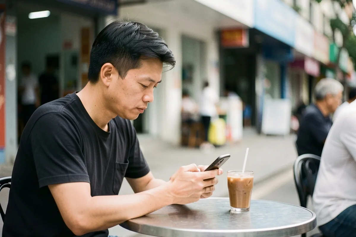 Một người đàn ông áo đen ngồi bên bàn tròn, cúi nhìn điện thoại, trước mặt có ly cà phê đá, nền phố xá mờ trong ánh sáng ngày