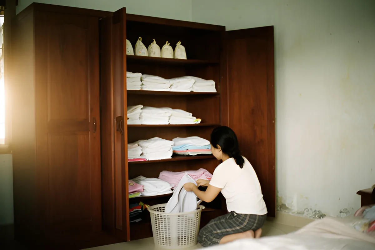 Một phụ nữ quỳ trên sàn phòng ngủ, xếp áo vào giỏ nhựa cạnh tủ gỗ mở với quần áo gấp gọn và các túi vải nhỏ trên kệ
