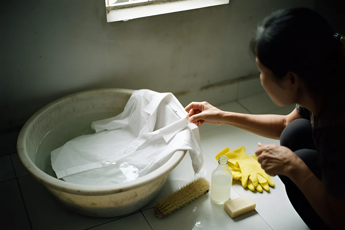 Một người phụ nữ ngồi xổm bên góc giặt, tay chạm mép áo trắng ngâm trong chậu nhựa, dưới sàn có găng tay vàng, chai nước