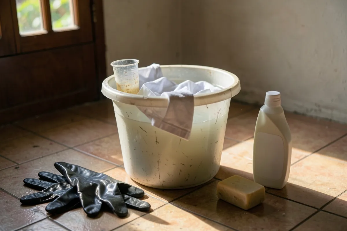 Một khu giặt trong nhà với chiếc xô nhựa lớn đựng áo trắng ngâm nước đục, cốc đo đặt trên miệng xô