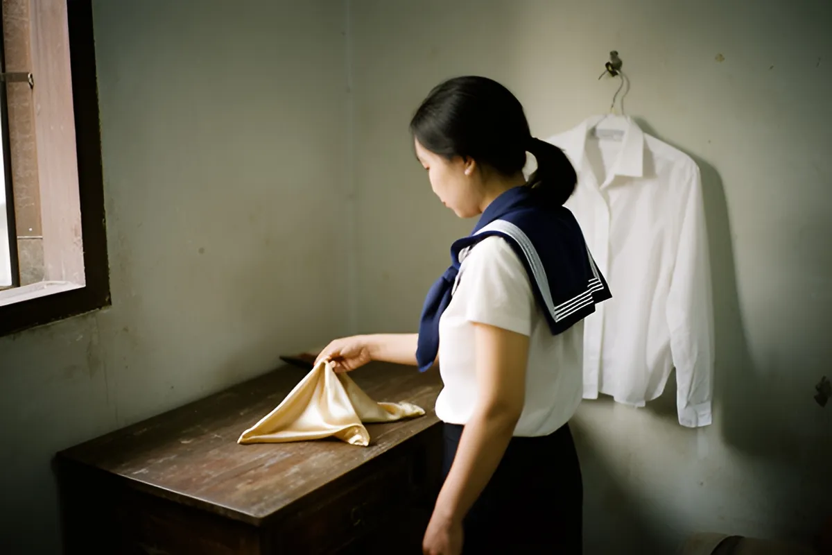 Một cô gái tóc đuôi ngựa đứng nghiêng bên chiếc bàn gỗ cũ, tay chạm vào một chiếc khăn vàng, vai dráp khăn xanh