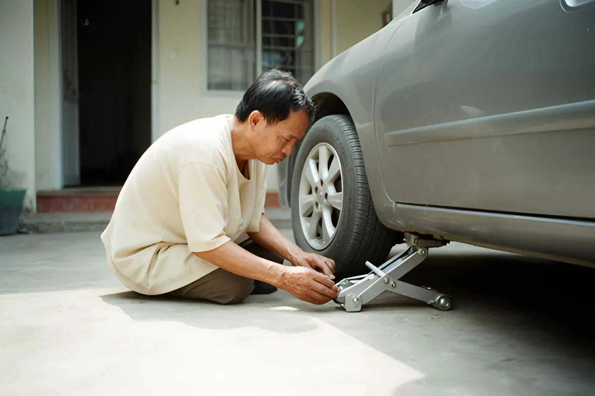 Một người đàn ông mặc áo sơ mi trắng ngồi xổm bên xe sedan màu xám, đang vặn kích nâng gầm xe trên sân bê tông trước nhà