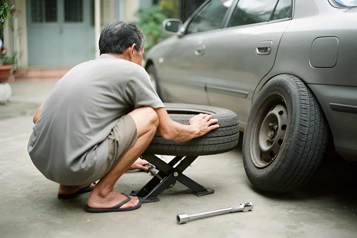 Một người đàn ông lớn tuổi mặc áo xám, quần đùi và dép xỏ ngón, đang ngồi xổm bên xe sedan màu bạc trước nhà