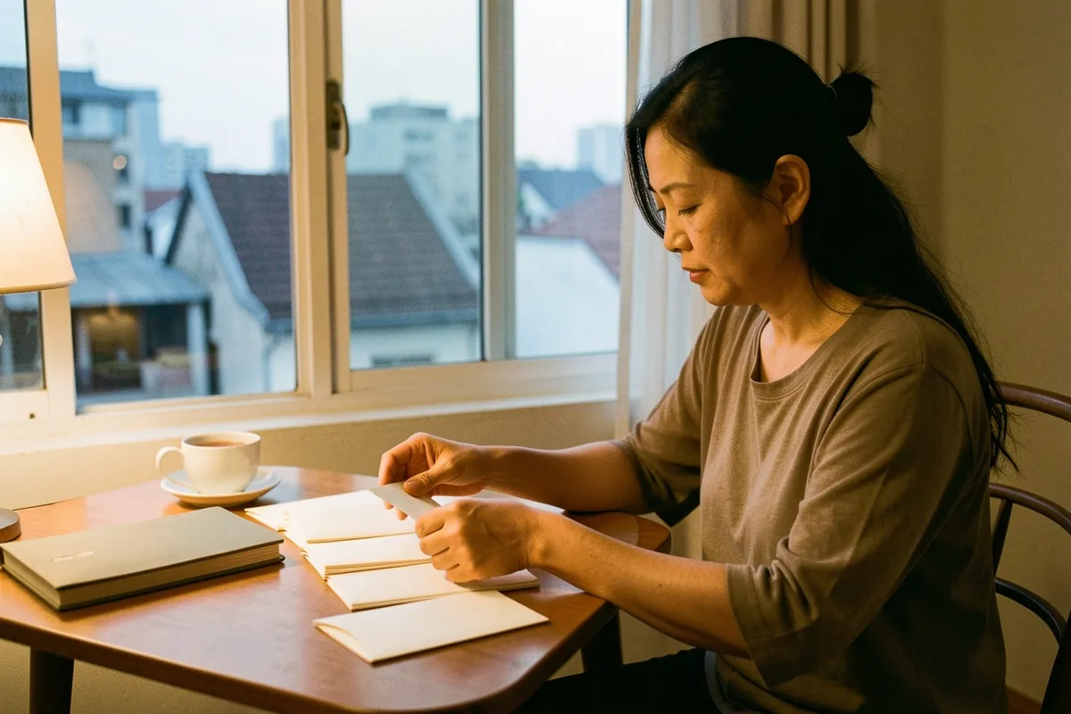 Một người phụ nữ ngồi bên bàn gỗ, cúi đầu chia các phong bì trắng thành từng nhóm