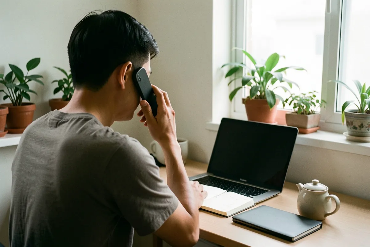 Một người đàn ông quay lưng ngồi tại bàn, tay cầm điện thoại áp tai, trước mặt có laptop, sổ và ấm sứ, sáng từ cửa sổ