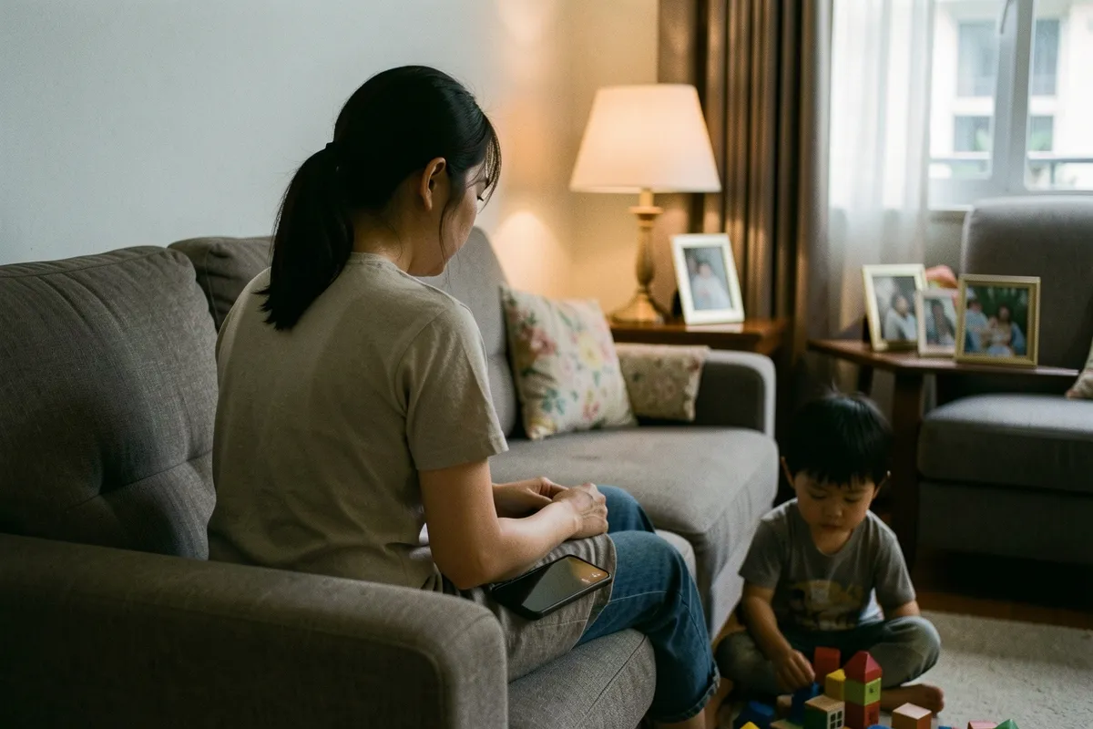 Người phụ nữ ngồi trên sofa quay lưng, đứa trẻ ngồi sàn chơi khối màu, đèn bàn và khung ảnh, ánh sáng dịu buổi tối