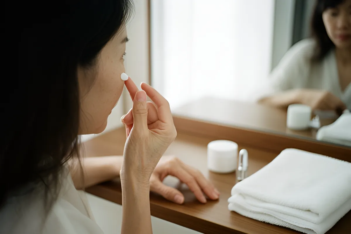 Một người phụ nữ ngồi trước bàn trang điểm cạnh gương, tay chạm gần mắt, trên bàn có hộp kem trắng