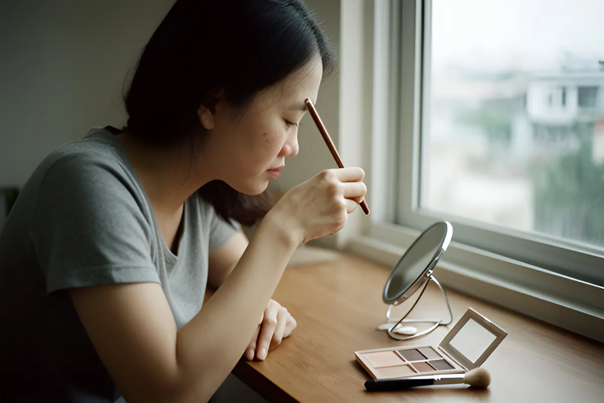 Một phụ nữ trẻ ngồi cạnh cửa sổ, cầm bút chì nâu gần mắt, nhìn xuống gương tròn nhỏ trên bàn có hộp phấn mắt mở và cọ