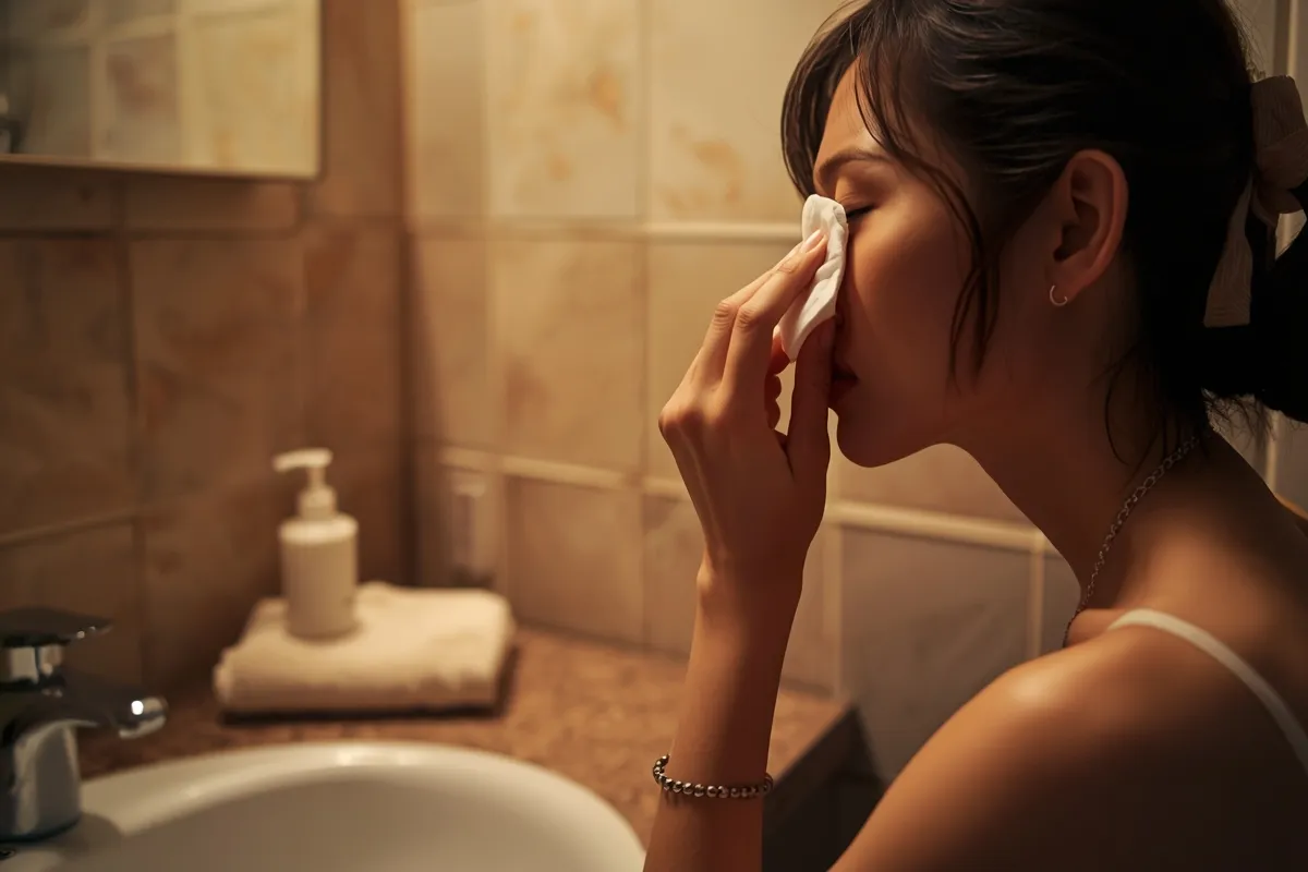 Một người phụ nữ nghiêng mặt, tay ấn miếng bông mềm lên mắt nhắm, cạnh bồn rửa có chai nước không nhãn và khăn gấp
