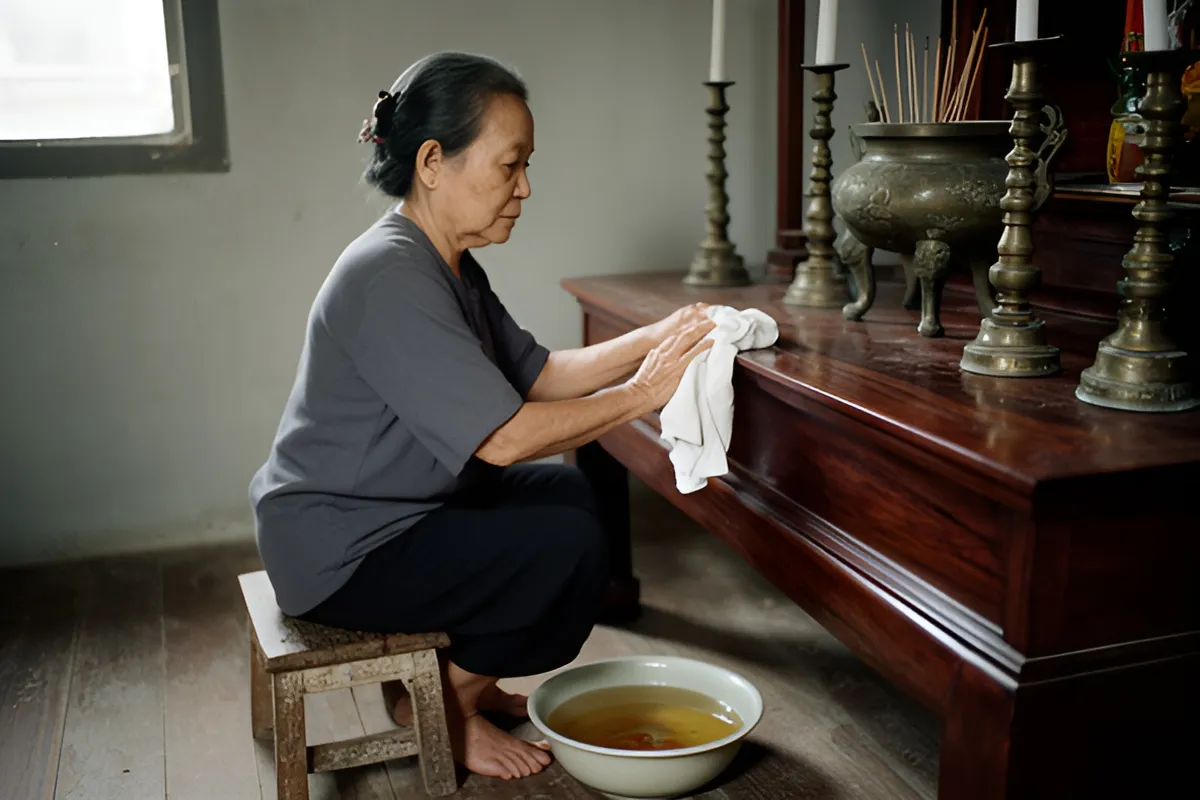Một bà cụ tóc bạc ngồi trên chiếc ghế nhỏ, dùng khăn trắng lau mặt bàn thờ gỗ