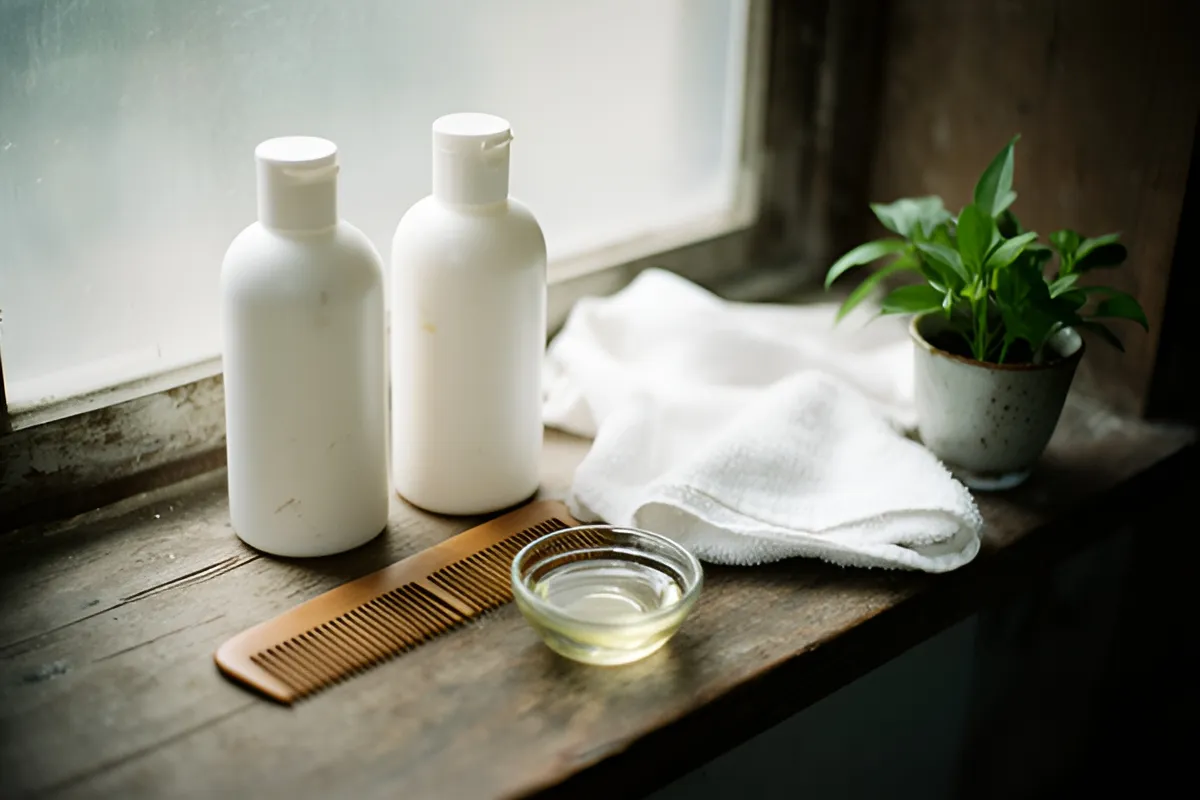 Hai chai trắng không nhãn, một lược gỗ, chén dầu nhỏ và khăn trắng xếp trên kệ gỗ cạnh cửa sổ mờ, có chén gốm đựng lá xanh