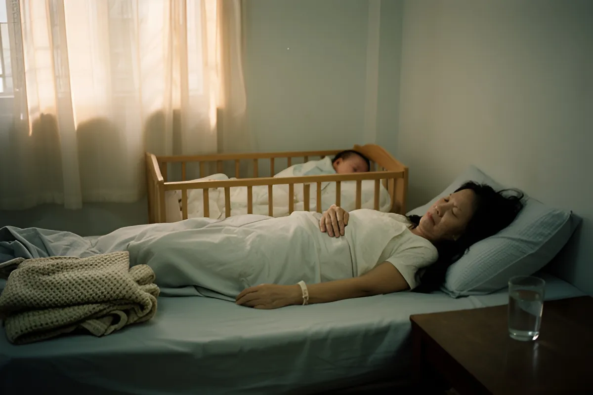 Một người phụ nữ nằm ngủ trên giường, tay đặt trên ngực, bên cạnh là em bé nằm ngủ trong chiếc nôi gỗ