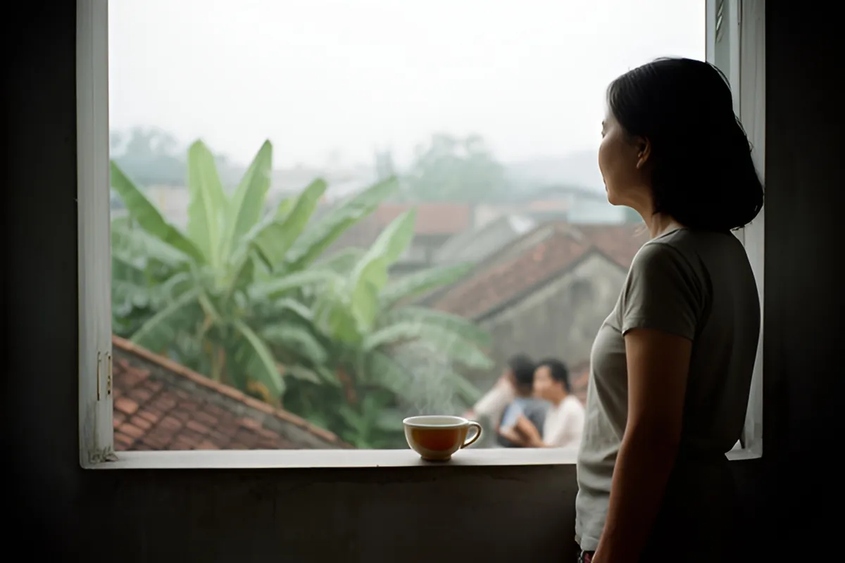 Một phụ nữ đứng quay lưng bên cửa sổ, nhìn ra mái nhà và cây chuối trong sương sớm, cạnh tách trà còn khói