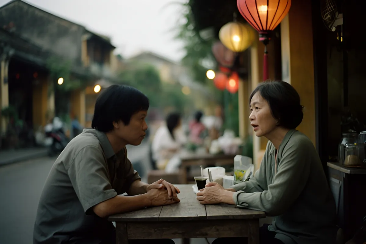 Hai người phụ nữ ngồi đối diện bên bàn gỗ nhỏ, tay đặt trên bàn, trò chuyện bên quán ven đường buổi tối dưới ánh đèn lồng ấm
